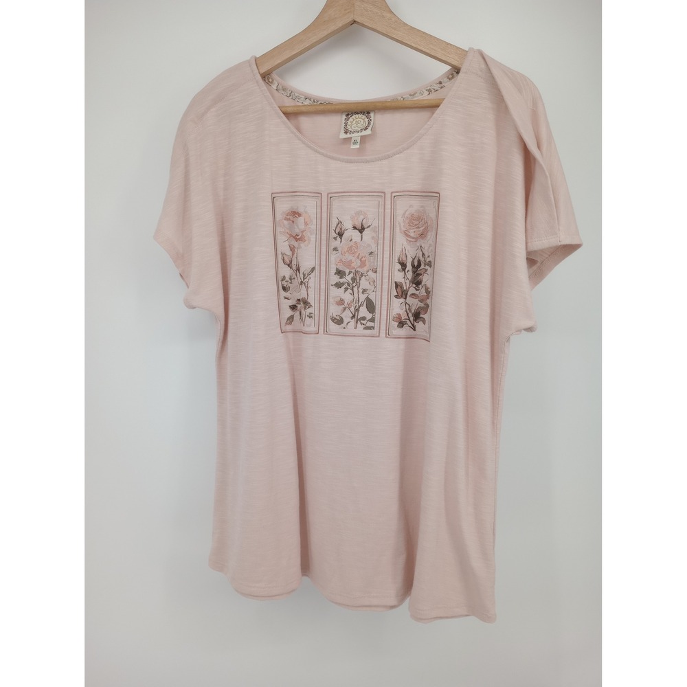 True Self Shirt Womens XL Pink Rose Floral Graphic Slub Knit Short Sleeve